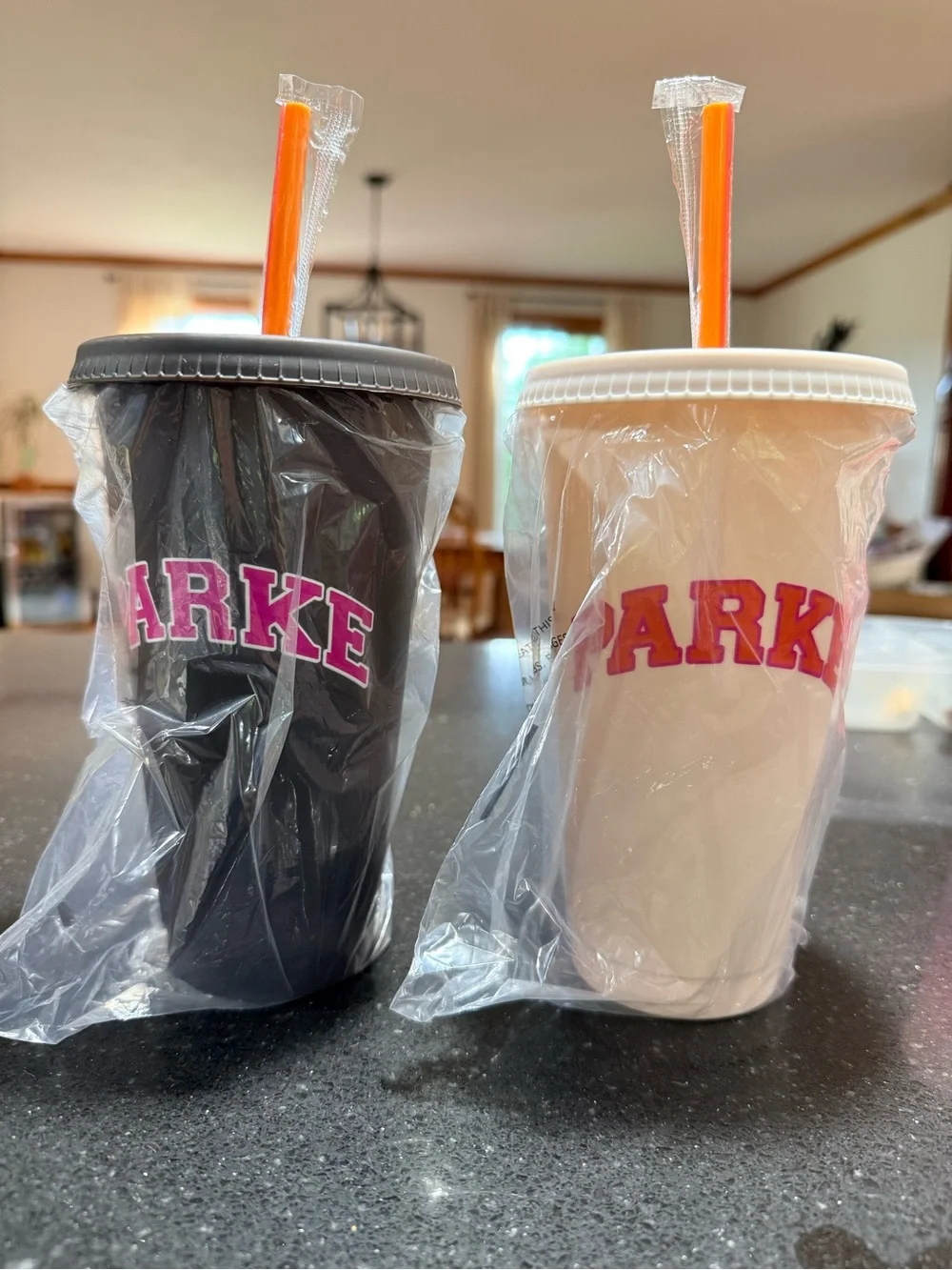 2 PARKE cups. Two-Piece Reusable Tumbler Set in Black & White with Orange Straws